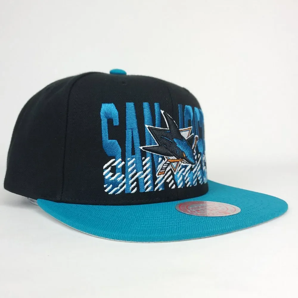 San Jose Sharks Mitchell & Ness‎ NHL Snapback Hat Cap 3D Logo Black Teal NWT